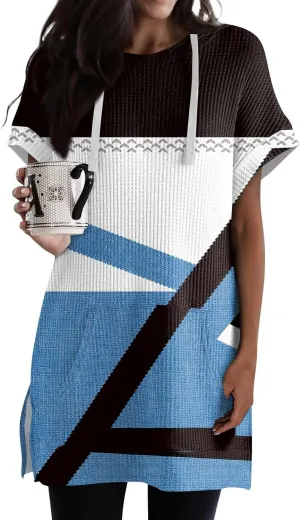 Womens Summer Waffle Short Sleeve Long Shrits With Pockets Oversized Hoodies Tunics Or Tops To Wear With Leggings