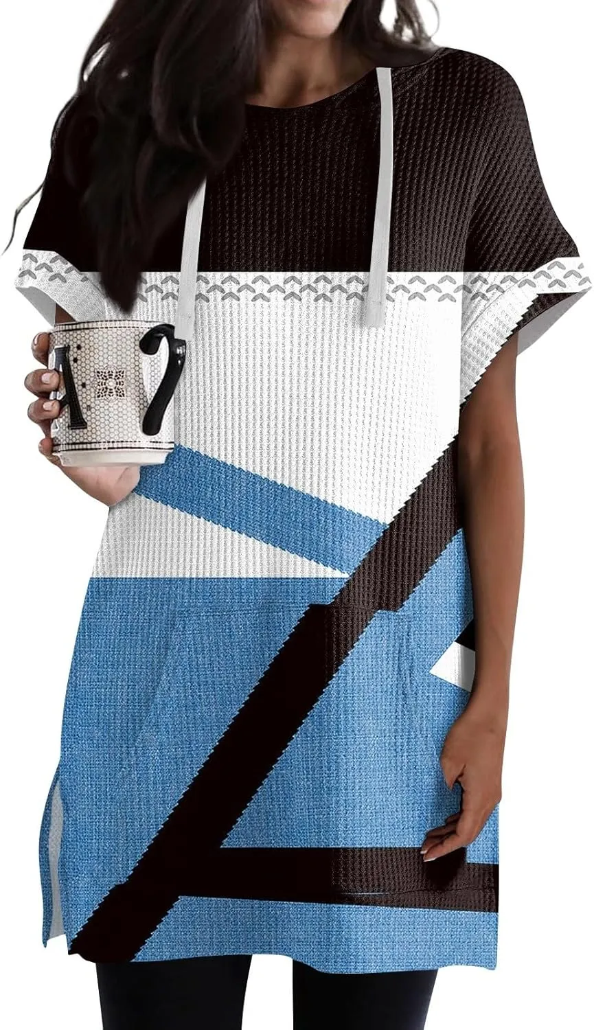 Womens Summer Waffle Short Sleeve Long Shrits With Pockets Oversized Hoodies Tunics Or Tops To Wear With Leggings