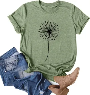 Womens T Shirts Cute Dandelion Graphic Tees Crewneck Short Sleeve Summer Tops Casual Loose Cotton Tshirts