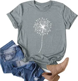 Womens T Shirts Cute Dandelion Graphic Tees Crewneck Short Sleeve Summer Tops Casual Loose Cotton Tshirts