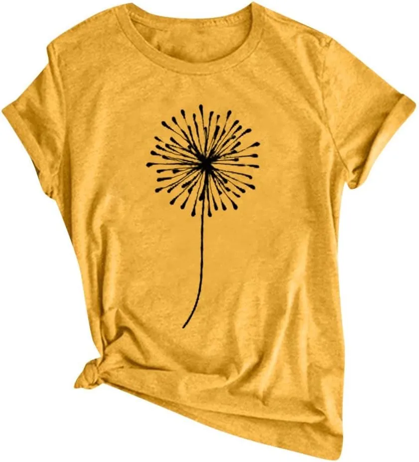 Womens T Shirts Cute Dandelion Graphic Tees Crewneck Short Sleeve Summer Tops Casual Loose Cotton Tshirts