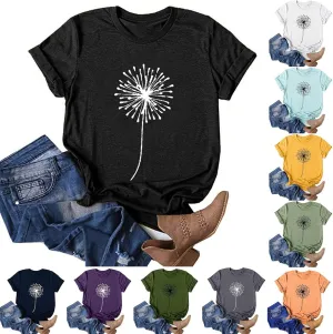 Womens T Shirts Cute Dandelion Graphic Tees Crewneck Short Sleeve Summer Tops Casual Loose Cotton Tshirts