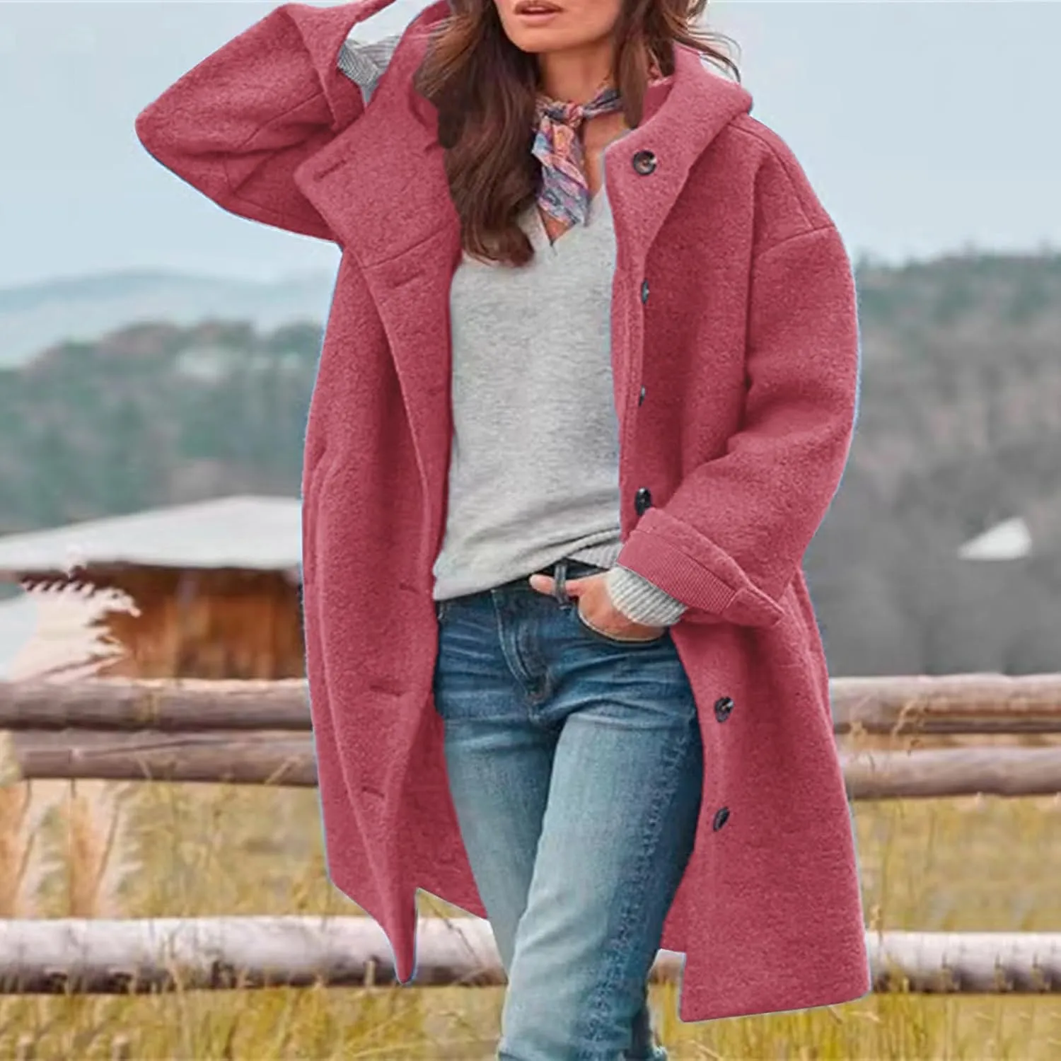 Women's Thicken Wool Blend Oversized Hoodeed Trench Coats Stand Collar Single Breasted Pea Coat Plus Size Overcoat