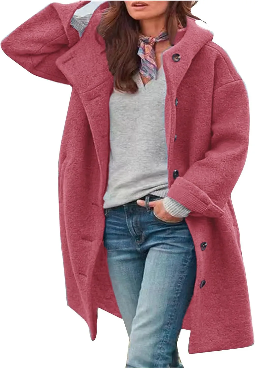 Women's Thicken Wool Blend Oversized Hoodeed Trench Coats Stand Collar Single Breasted Pea Coat Plus Size Overcoat