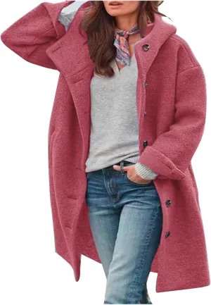 Women's Thicken Wool Blend Oversized Hoodeed Trench Coats Stand Collar Single Breasted Pea Coat Plus Size Overcoat