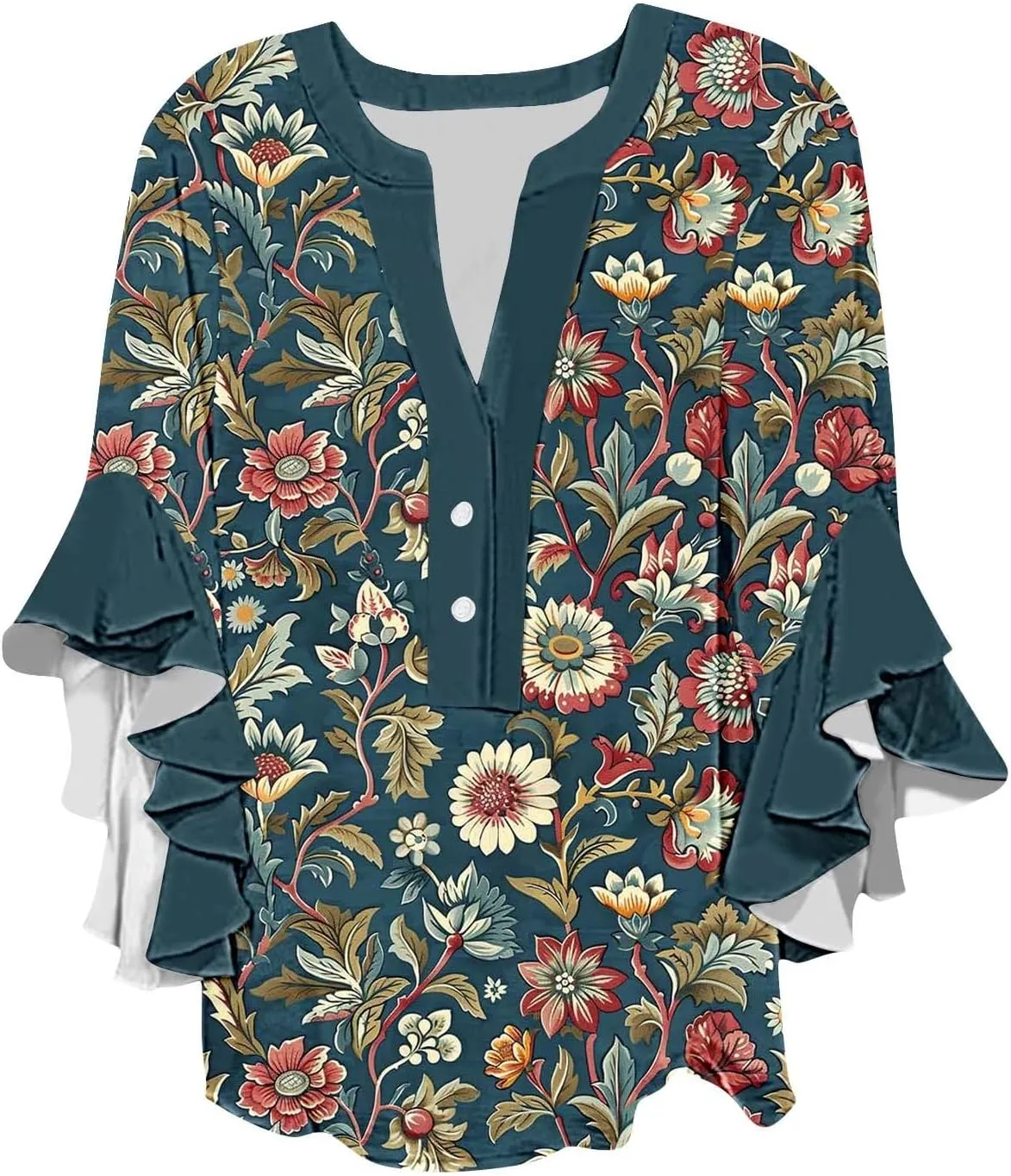 Womens Tops 3/4 Length Sleeves Floral Shirts Flowy Ruffle Sleeve Tops Half Button Down Shirt Summer V Neck Blouse