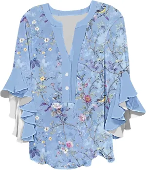 Womens Tops 3/4 Length Sleeves Floral Shirts Flowy Ruffle Sleeve Tops Half Button Down Shirt Summer V Neck Blouse