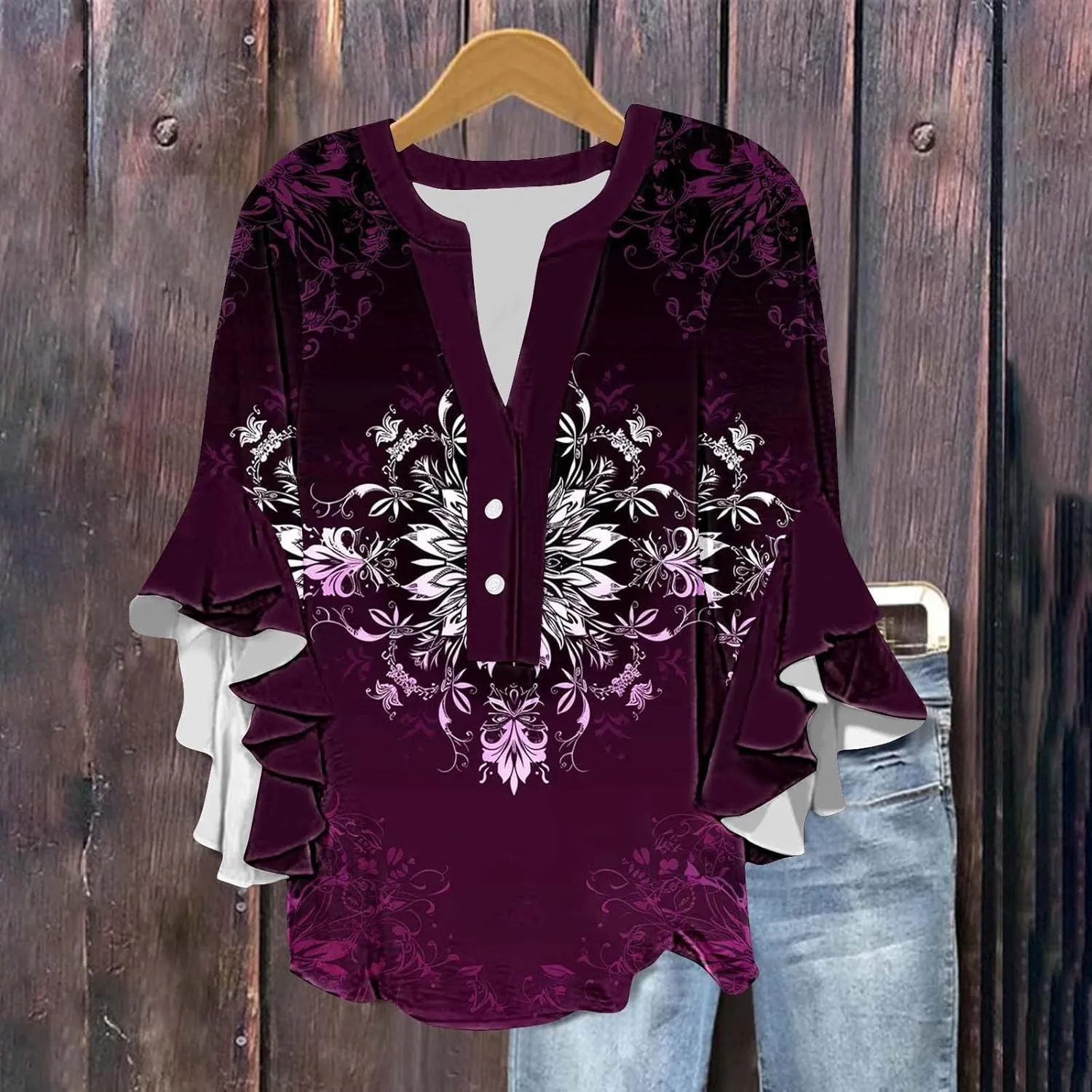 Womens Tops 3/4 Length Sleeves Floral Shirts Flowy Ruffle Sleeve Tops Half Button Down Shirt Summer V Neck Blouse