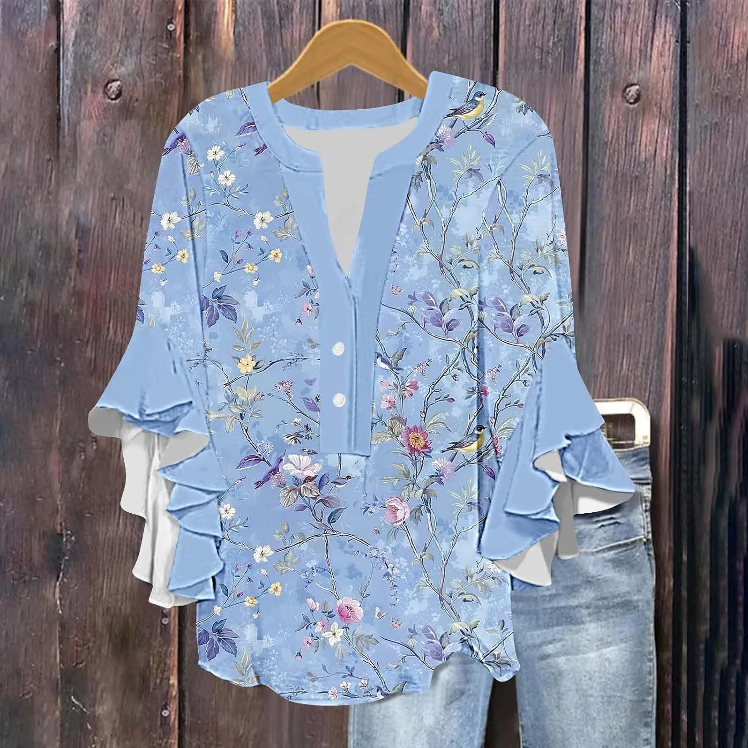 Womens Tops 3/4 Length Sleeves Floral Shirts Flowy Ruffle Sleeve Tops Half Button Down Shirt Summer V Neck Blouse