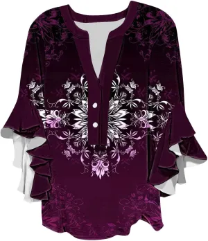 Womens Tops 3/4 Length Sleeves Floral Shirts Flowy Ruffle Sleeve Tops Half Button Down Shirt Summer V Neck Blouse