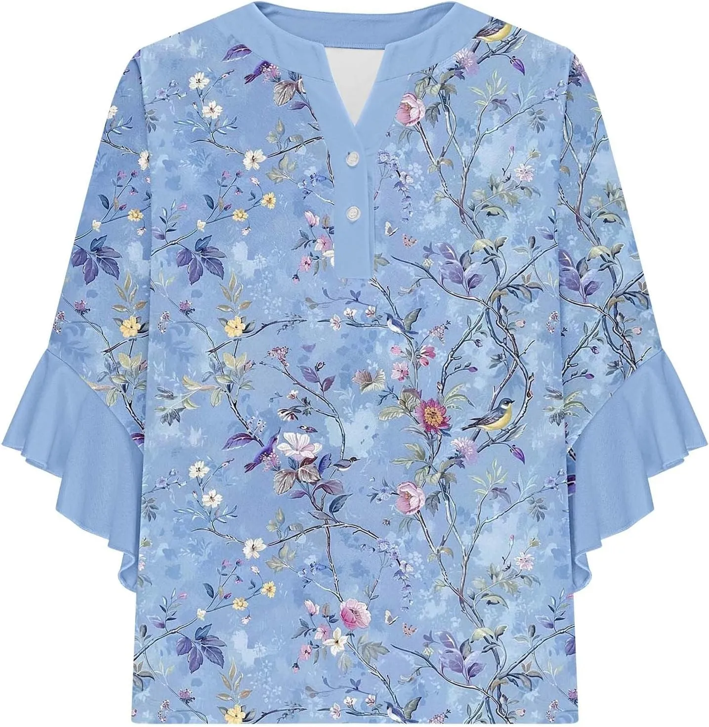 Womens Tops 3/4 Length Sleeves Floral Shirts Flowy Ruffle Sleeve Tops Half Button Down Shirt Summer V Neck Blouse
