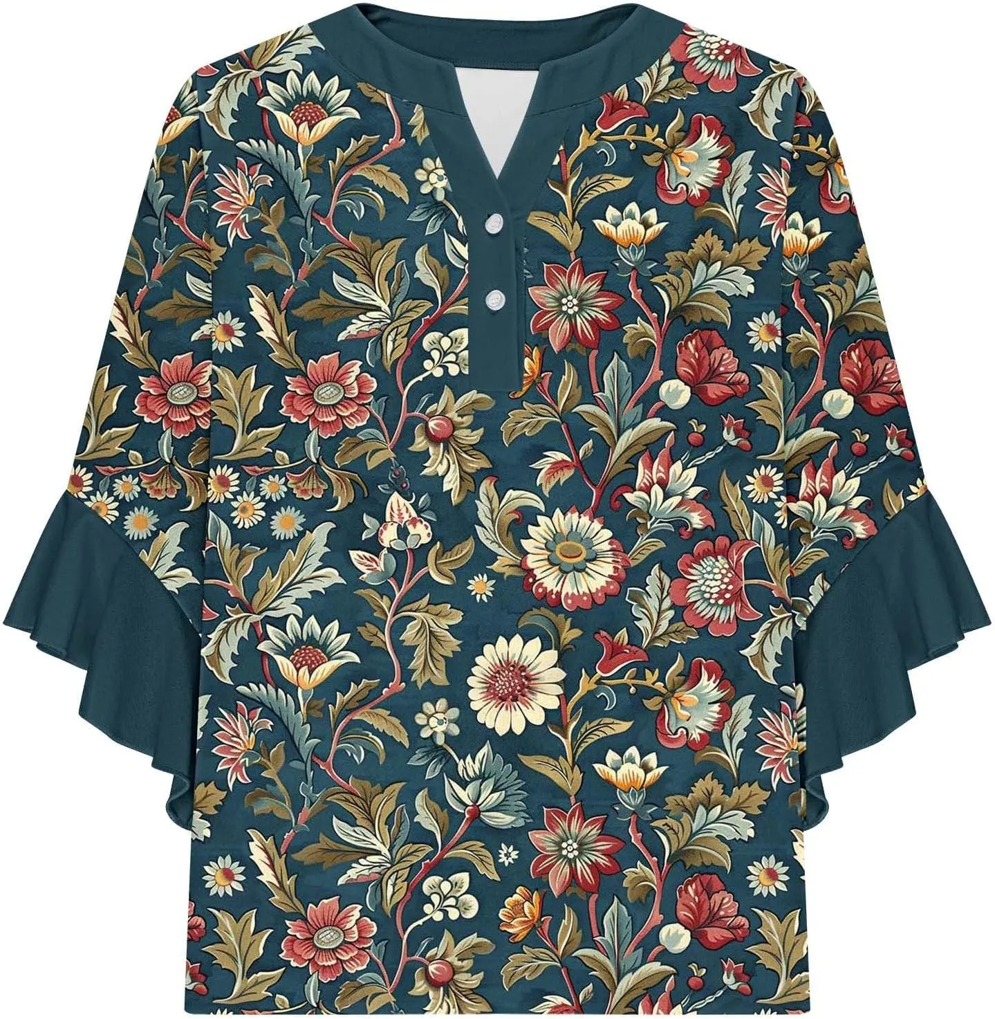 Womens Tops 3/4 Length Sleeves Floral Shirts Flowy Ruffle Sleeve Tops Half Button Down Shirt Summer V Neck Blouse