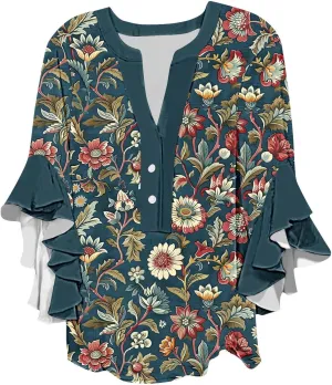 Womens Tops 3/4 Length Sleeves Floral Shirts Flowy Ruffle Sleeve Tops Half Button Down Shirt Summer V Neck Blouse