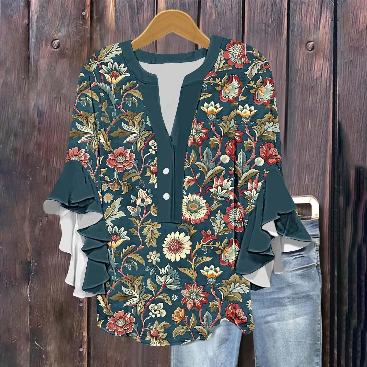 Womens Tops 3/4 Length Sleeves Floral Shirts Flowy Ruffle Sleeve Tops Half Button Down Shirt Summer V Neck Blouse
