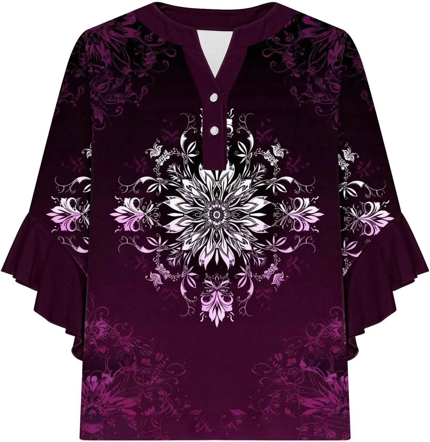 Womens Tops 3/4 Length Sleeves Floral Shirts Flowy Ruffle Sleeve Tops Half Button Down Shirt Summer V Neck Blouse
