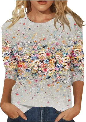 Womens Tops 3/4 Sleeve Shirts Trendy Floral Blouses Casual Loose Fit Summer Tee Crewneck Tunic Tops 2024 S-5XL