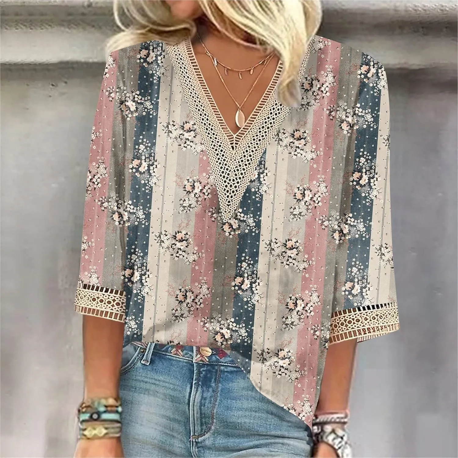 Womens Tops Casual 3/4 Sleeve Summer Tops for Women Lace Trim V Neck Shirts Summer Blouses Floral Print Clothing