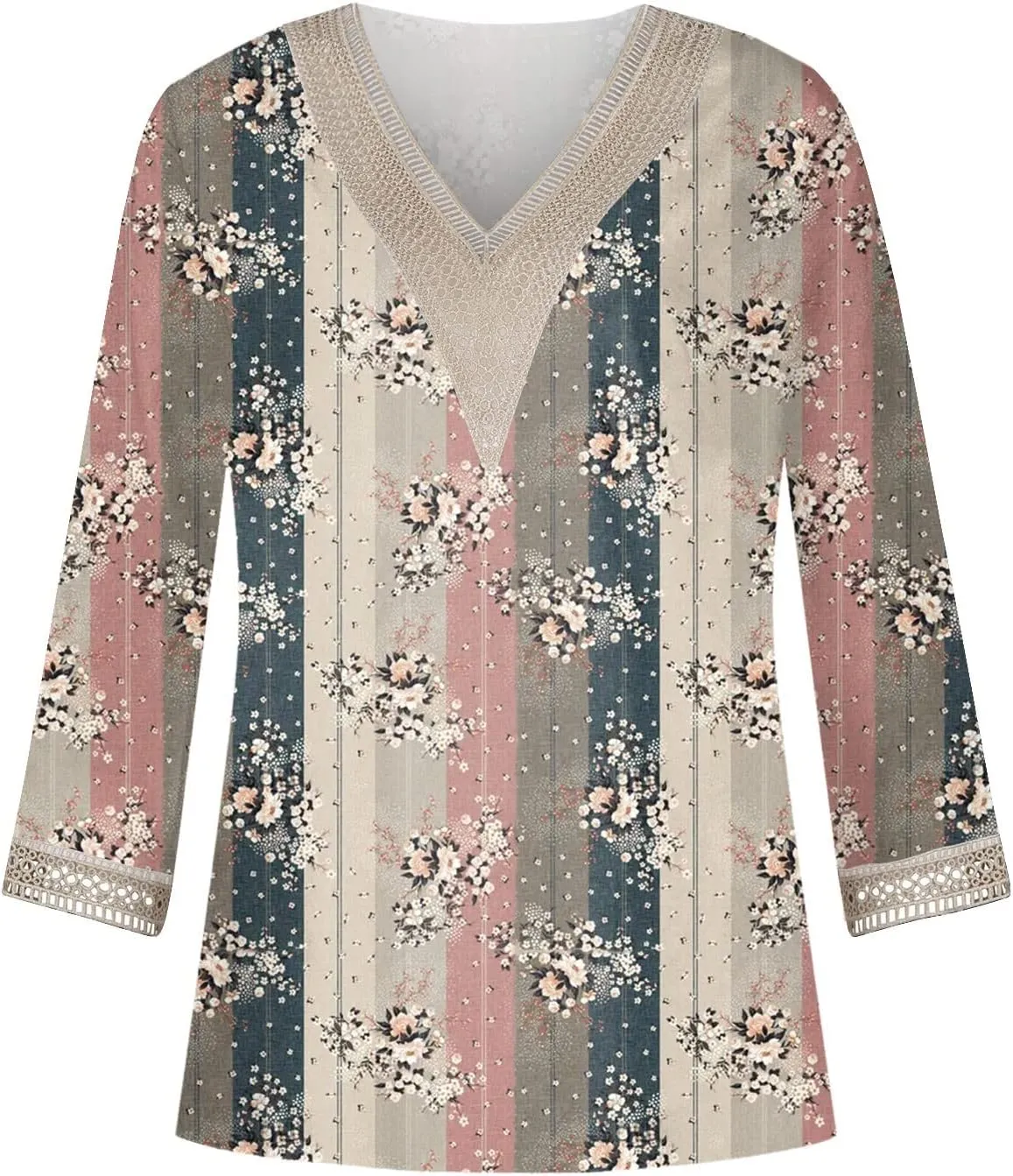 Womens Tops Casual 3/4 Sleeve Summer Tops for Women Lace Trim V Neck Shirts Summer Blouses Floral Print Clothing