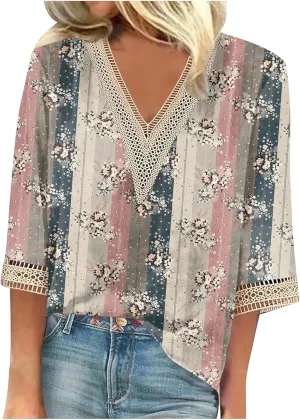 Womens Tops Casual 3/4 Sleeve Summer Tops for Women Lace Trim V Neck Shirts Summer Blouses Floral Print Clothing