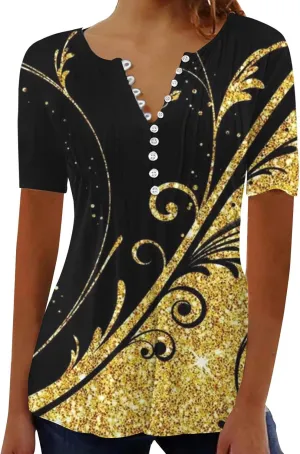 Womens Tops Dressy Casual 2023 Fashion Floral Print Tunic Plus Size Short Sleeve v Neck Henley Shirts