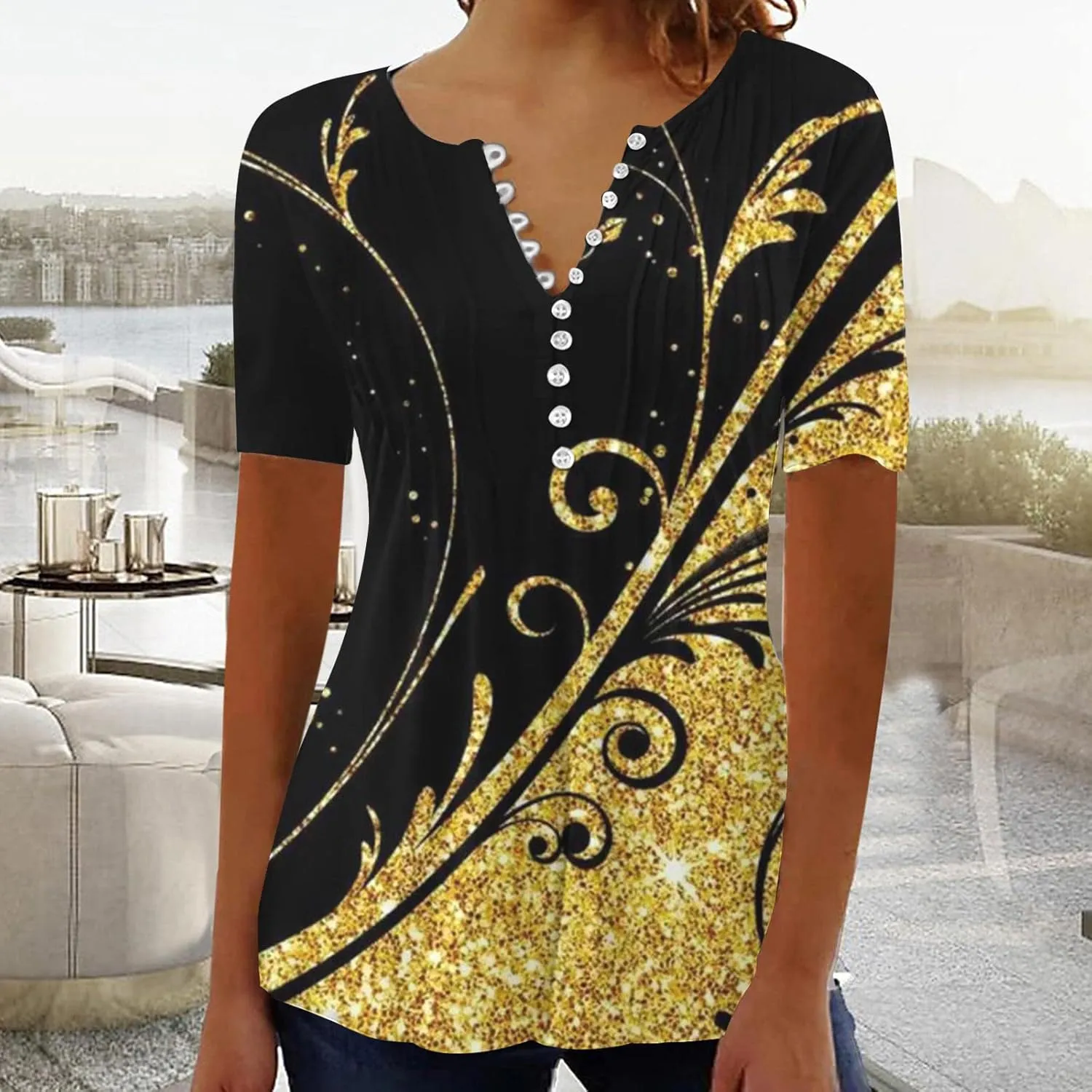 Womens Tops Dressy Casual 2023 Fashion Floral Print Tunic Plus Size Short Sleeve v Neck Henley Shirts