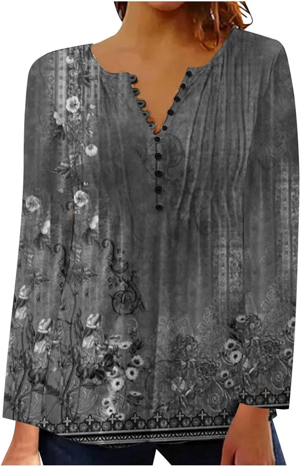 Womens Tops Dressy Casual 3/4 Sleeve Bohemian Summer Shirts Floral Print Empire Waist Long Sleeve Button Down Blouse