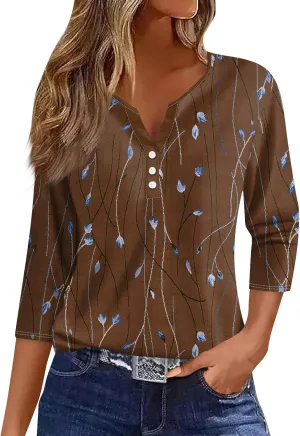 Womens Tops Dressy Casual 3/4 Sleeve Spring Fashion 2025 Button Down Henley Shirts Floral Print Blouse