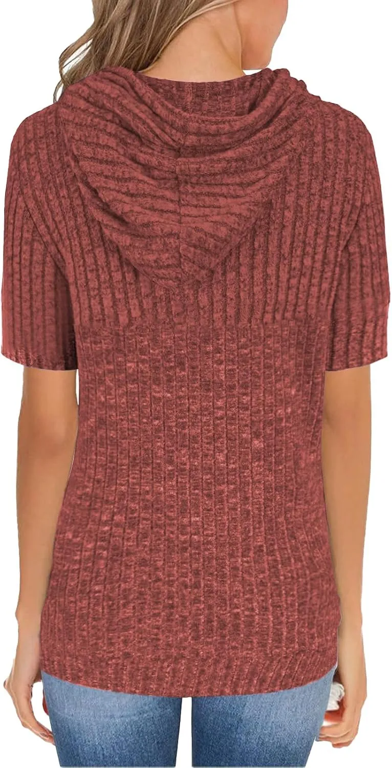 Womens Tops Short Sleeve Hoodies Waffle Knit Pullover Sweatshirts Casual Oversized Shirt with Kangaroo Pockets