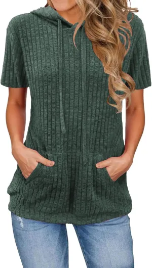 Womens Tops Short Sleeve Hoodies Waffle Knit Pullover Sweatshirts Casual Oversized Shirt with Kangaroo Pockets