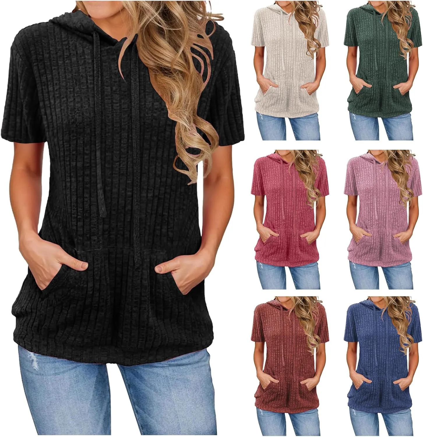 Womens Tops Short Sleeve Hoodies Waffle Knit Pullover Sweatshirts Casual Oversized Shirt with Kangaroo Pockets