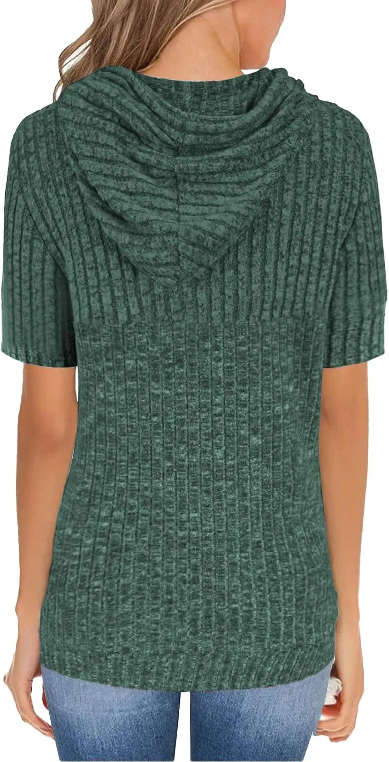 Womens Tops Short Sleeve Hoodies Waffle Knit Pullover Sweatshirts Casual Oversized Shirt with Kangaroo Pockets