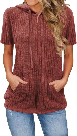 Womens Tops Short Sleeve Hoodies Waffle Knit Pullover Sweatshirts Casual Oversized Shirt with Kangaroo Pockets