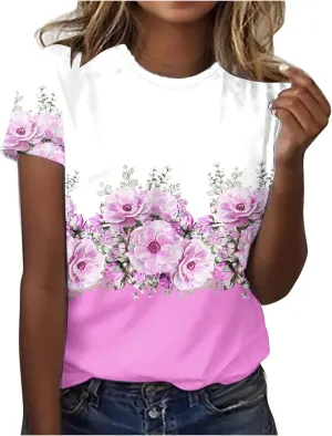 Womens Tops Short Sleeve Loose Fit Floral Print Crewneck Pullover Blouse Causal Graphic Tee Shirts Trendy Clothes