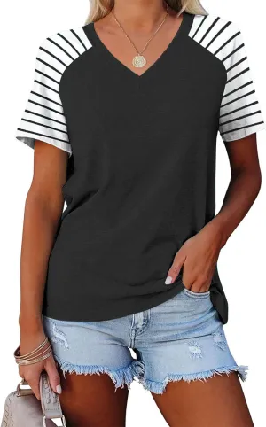 Womens Tops Summer Short Sleeve Shirts Raglan Striped T-Shirts