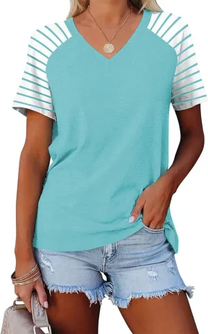 Womens Tops Summer Short Sleeve Shirts Raglan Striped T-Shirts