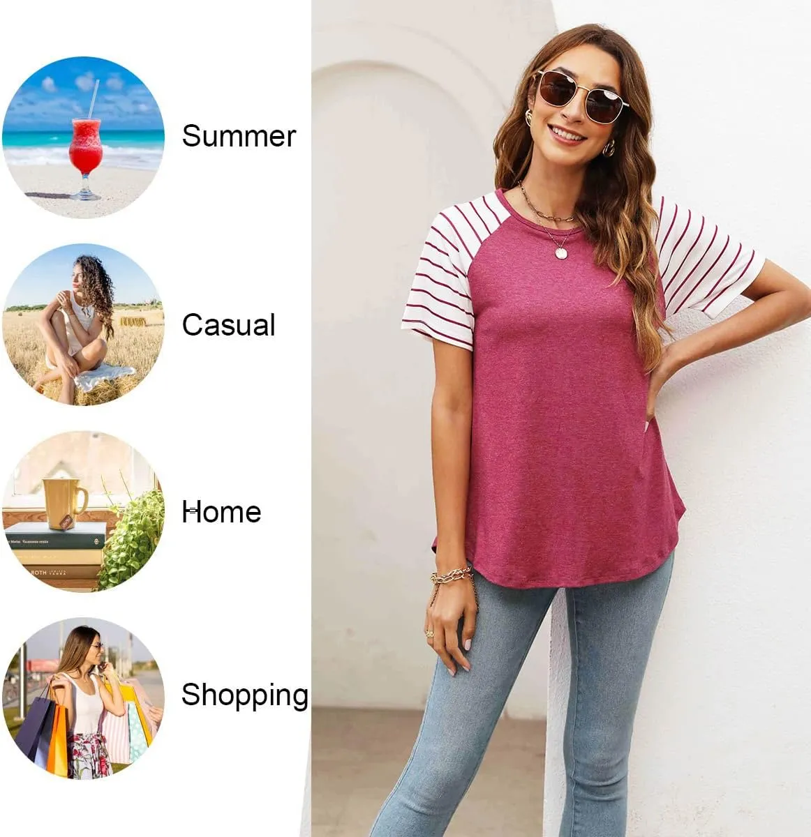 Womens Tops Summer Short Sleeve Shirts Raglan Striped T-Shirts
