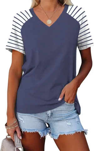 Womens Tops Summer Short Sleeve Shirts Raglan Striped T-Shirts