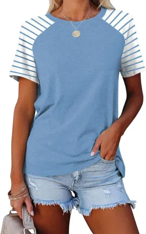 Womens Tops Summer Short Sleeve Shirts Raglan Striped T-Shirts