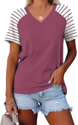Womens Tops Summer Short Sleeve Shirts Raglan Striped T-Shirts