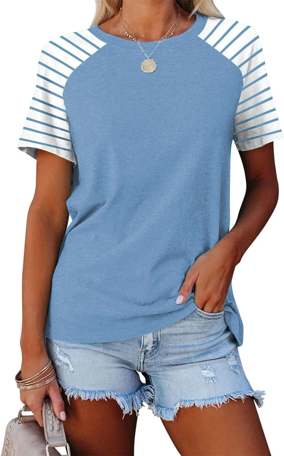 Womens Tops Summer Short Sleeve Shirts Raglan Striped T-Shirts