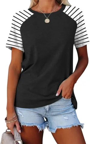Womens Tops Summer Short Sleeve Shirts Raglan Striped T-Shirts