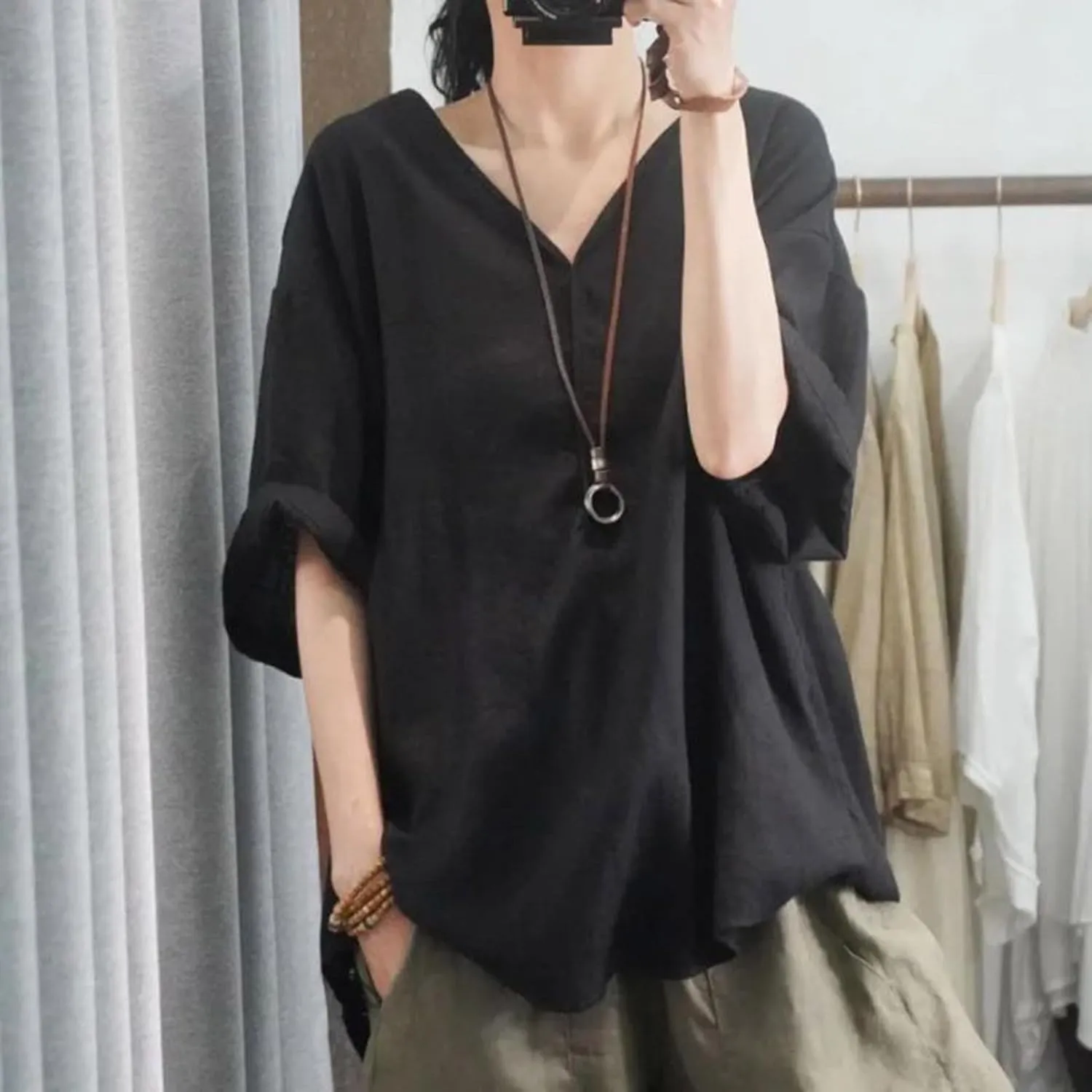 Womens Tshirts Cotton Loose Fit Linen Blouses Button Down Half Sleeve Casual V-Neck Oversized Summer Cotton T-Shirt