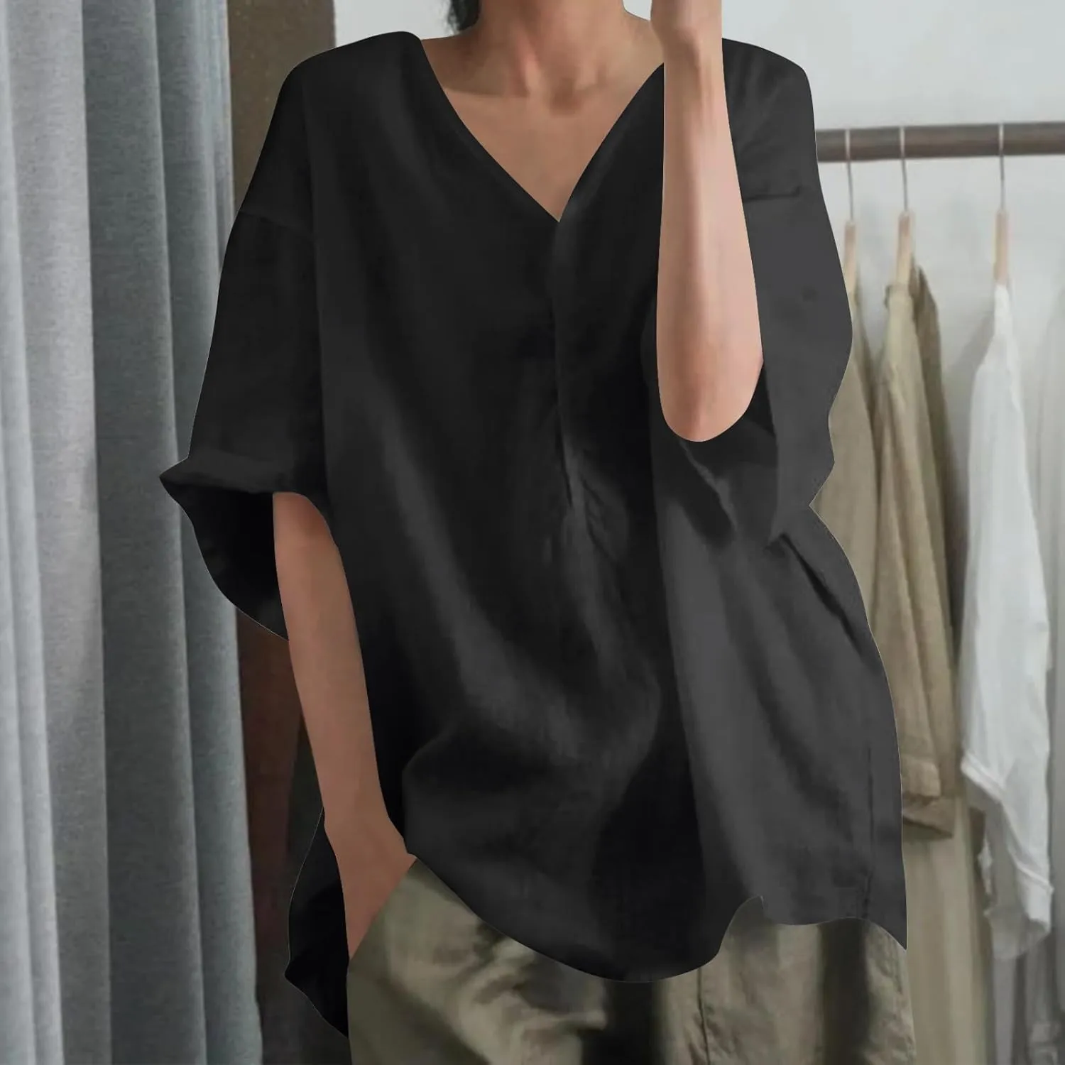 Womens Tshirts Cotton Loose Fit Linen Blouses Button Down Half Sleeve Casual V-Neck Oversized Summer Cotton T-Shirt