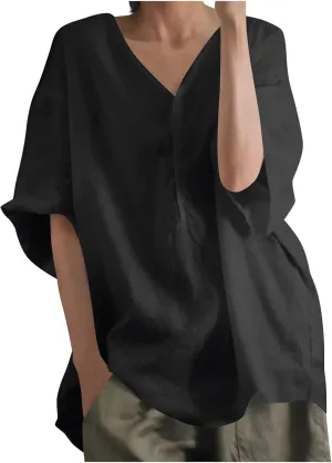 Womens Tshirts Cotton Loose Fit Linen Blouses Button Down Half Sleeve Casual V-Neck Oversized Summer Cotton T-Shirt