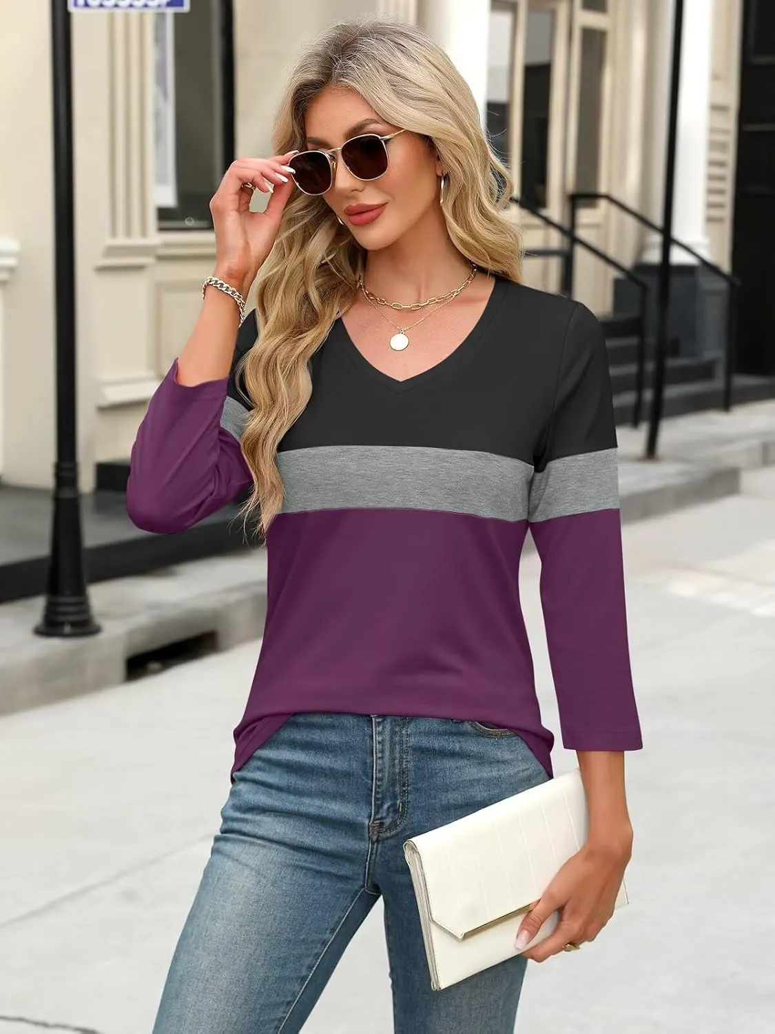 Women's V Neck 3/4 Sleeve Tops Color Block/Solid Shirts Basic Summer Tees