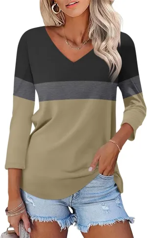Women's V Neck 3/4 Sleeve Tops Color Block/Solid Shirts Basic Summer Tees