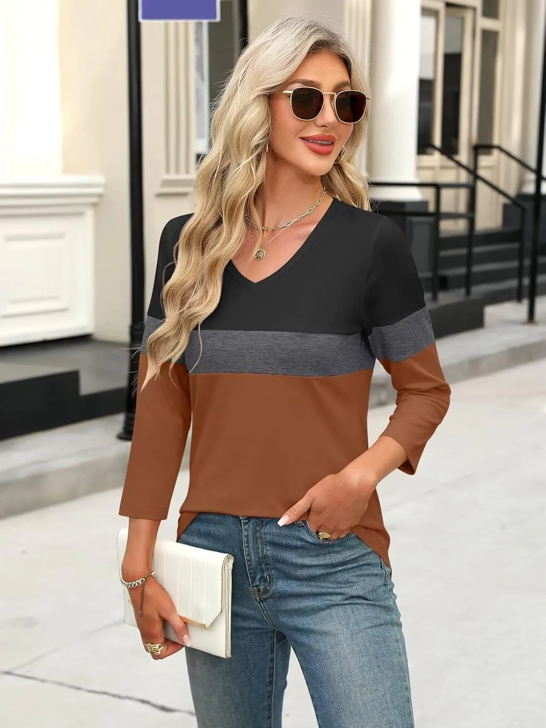 Women's V Neck 3/4 Sleeve Tops Color Block/Solid Shirts Basic Summer Tees