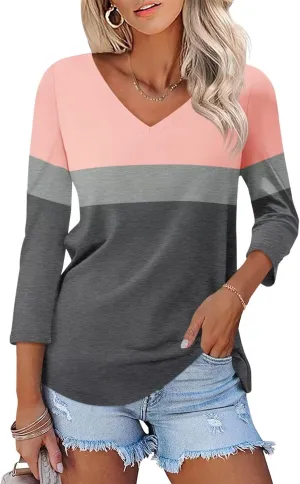 Women's V Neck 3/4 Sleeve Tops Color Block/Solid Shirts Basic Summer Tees