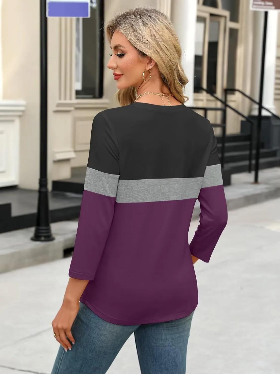 Women's V Neck 3/4 Sleeve Tops Color Block/Solid Shirts Basic Summer Tees