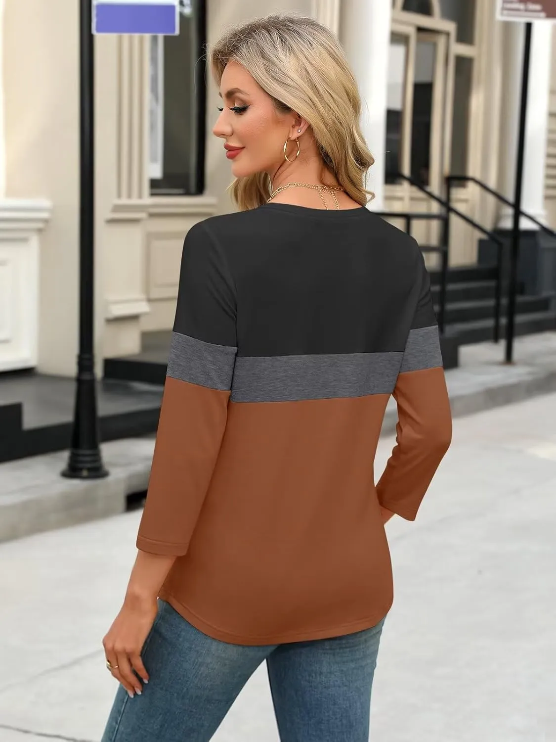 Women's V Neck 3/4 Sleeve Tops Color Block/Solid Shirts Basic Summer Tees